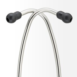 Archetto biauricolare in alluminio lucido di uno stetoscopio 3M Littmann con le due aste che si incrociano simmetricamente e olivette nere alle estremità.