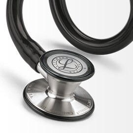 Primo piano che mostra il lato pediatrico della testina e del tubo nero di uno stetoscopio 3M Littmann Cardiology III.