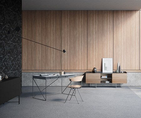 Camera moderna e decorata con laminati adesivi in marmo nero, cemento e legno 3M DI-NOC.

