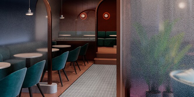 Sala di ristorante in toni gioiello e divisori con finitura in vetro 3M e motivo a punti.
