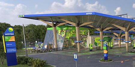 Stazione di ricarica per veicoli elettrici sovrapposta a prodotti 3M di grafica e segnaletica.
