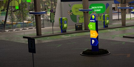 Segnale della stazione di ricarica EV sovrapposto con prodotti per segnaletica luminosa.
