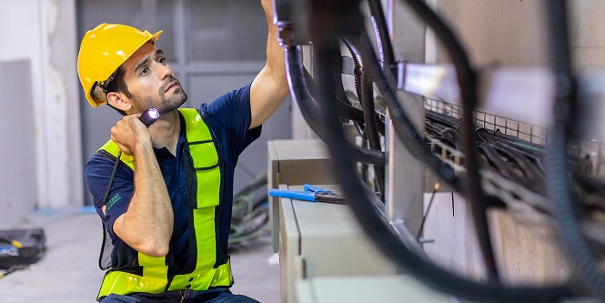 Lavoratore in tenuta di sicurezza che controlla i collegamenti elettrici con una torcia
