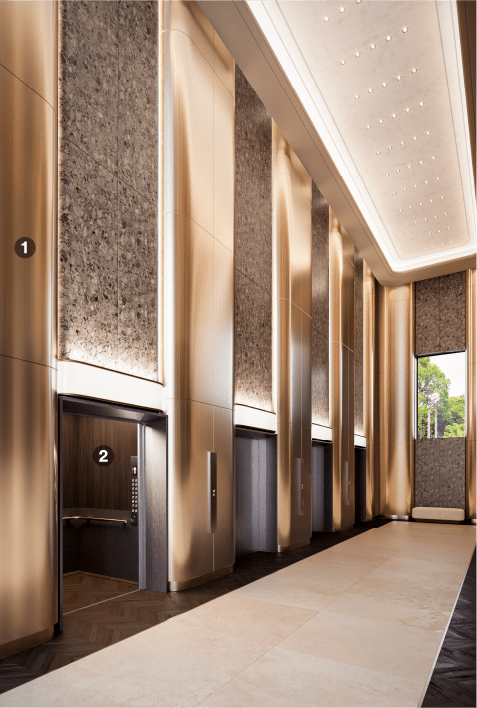 Corridoio dell'ascensore rinnovato con laminati adesivi metallici
