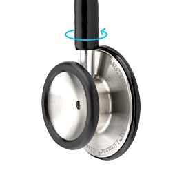 Testina di uno stetoscopio 3M Littmann Classic III con freccia azzurra che ne indica la rotazione.