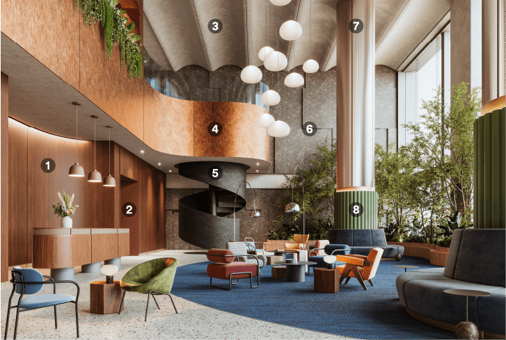 Sala d'attesa in stile moderno di metà secolo ristrutturata con laminati adesivi naturali
