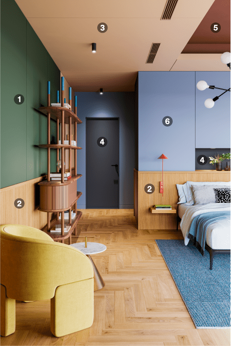Una combinazione di laminati adesivi dai colori audaci e con venature del legno in una camera da letto residenziale.
