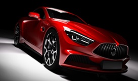 Immagine che mostra un'auto sportiva rossa su sfondo nero, grigio e bianco
