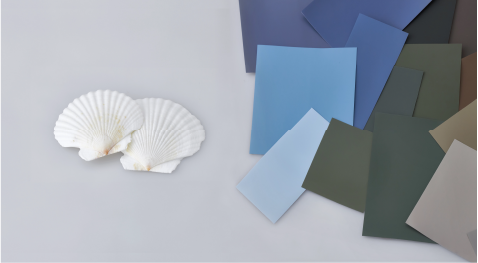 Pellicole architettoniche colorate accanto a conchiglie
