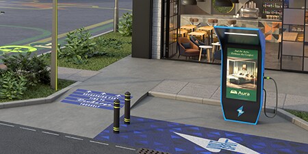 Stazione di ricarica EV con sicurezza migliorata grazie alla segnaletica orizzontale.
