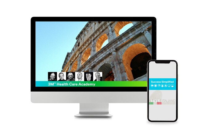 Schermo del computer e cellulare che mostrano un webinar di odontoiatria
