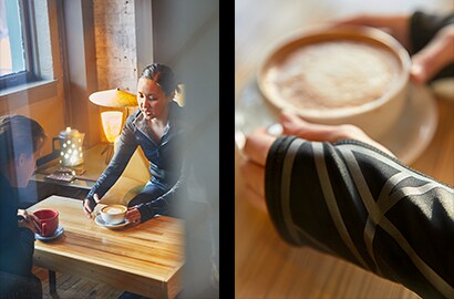 Un uomo e una donna che sorseggiano un caffè, primo piano del materiale riflettente elastico nero Scotchlite sulla manica della donna con la tazzina di caffè
