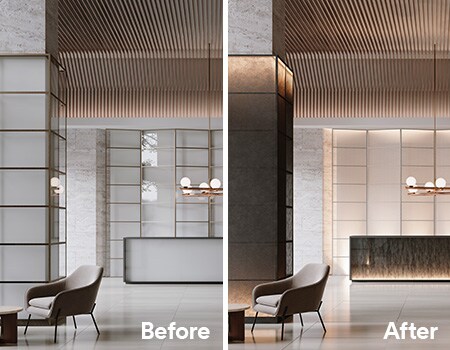 Immagine prima e dopo di una zona reception con finiture 3M DINOC e FASARA.
