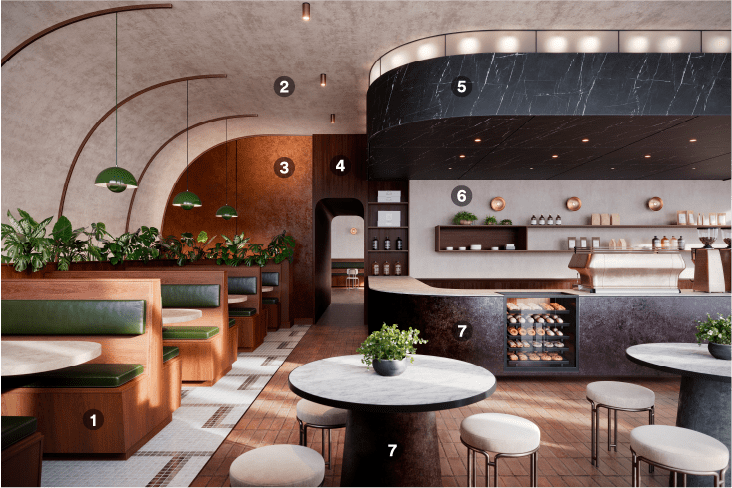 Caffetteria in stile moderno ristrutturata con laminati adesivi DI_NOC architectural finishes
