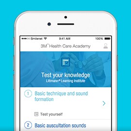 Schermata di smartphone che mostra la sezione dei test con svolgimento autonomo dell'app del Littmann Learning Institute.