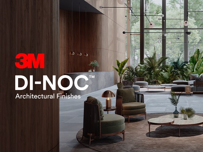 Interni moderni della hall dell'hotel ispirati alla natura, con didascalie che indicano le finiture architettoniche 3M utilizzate ovunque con il logo 3M DI-NOC Architectural Finishes.
