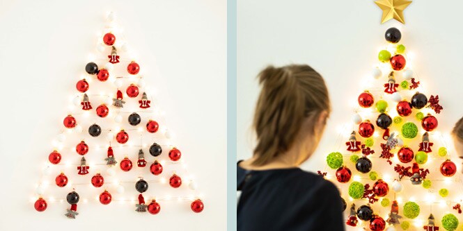 Idea per la decorazione dell'albero di Natale a parete usando Command™ Ganci trasparenti
