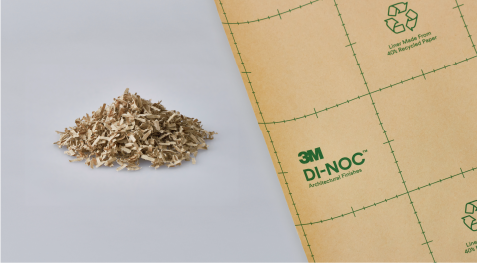 Cumulo di carta riciclata accanto a un rotolo di pellicola architettonica 3M
