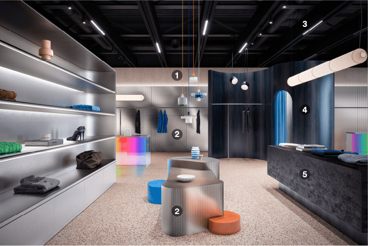 Spazio dedicato alla vendita al dettaglio in stile minimalista ristrutturato con laminati adesivi metallici
