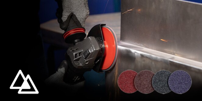 Mol. sup. met. 3M™ Precision Shaped Grain; in basso a sx: icona con 2 tr.; basso a dx: 4 dischi Med., Coarse, Extra Coarse, X-Extra Coarse
