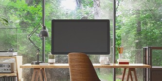 Monitor su una scrivania, con alberi sullo sfondo
