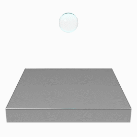 Animazione che illustra il processo di spargimento in base all'energia superficiale. Una gocciolina d'acqua entra in contatto con una superficie e si distribuisce su di essa.