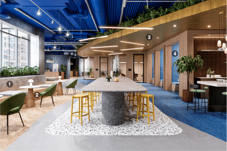 Spazio di coworking in stile moderno ristrutturato con colori audaci e laminati adesivi naturali
