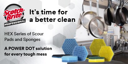 La serie di fibre abrasive e spugne HEX di 3M per la pulizia di cucine commerciali
