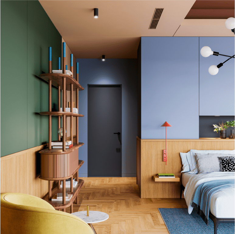 Laminati adesivi dai colori audaci in una camera da letto
